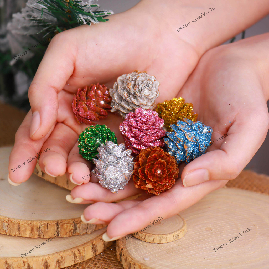 Set 10 Hoa Thông Nhí Lăn Kim Tuyến THONG 01 Decor Trang Trí Noel Giáng Sinh