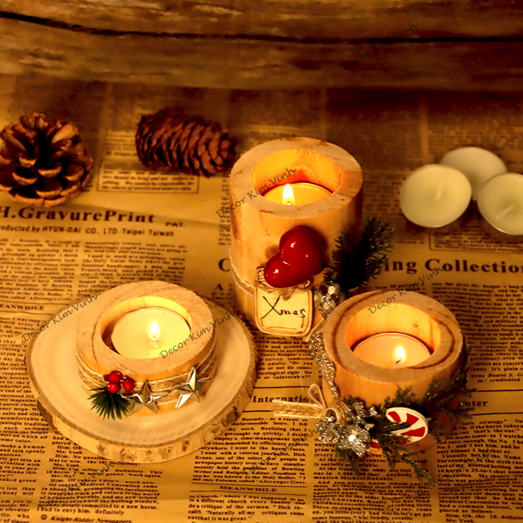 Bộ 3 Chân Để Nến Gỗ NEN19 Để Bàn Trang Trí Giáng Sinh Vintage