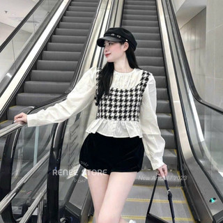 Áo babydoll nữ tay dài, áo sơ mi dáng lửng pha dạ kẻ caro - AS15