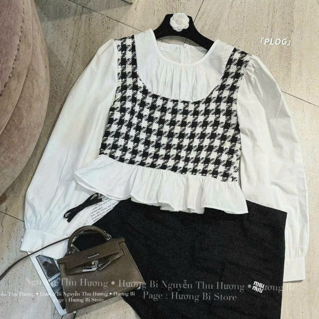 Áo babydoll nữ tay dài, áo sơ mi dáng lửng pha dạ kẻ caro - AS15