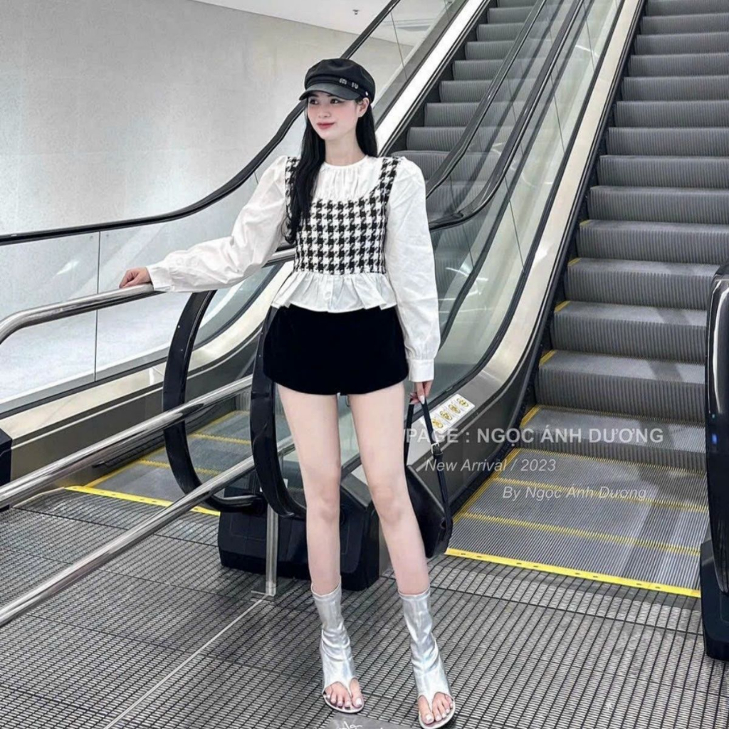 Áo babydoll nữ tay dài, áo sơ mi dáng lửng pha dạ kẻ caro - AS15