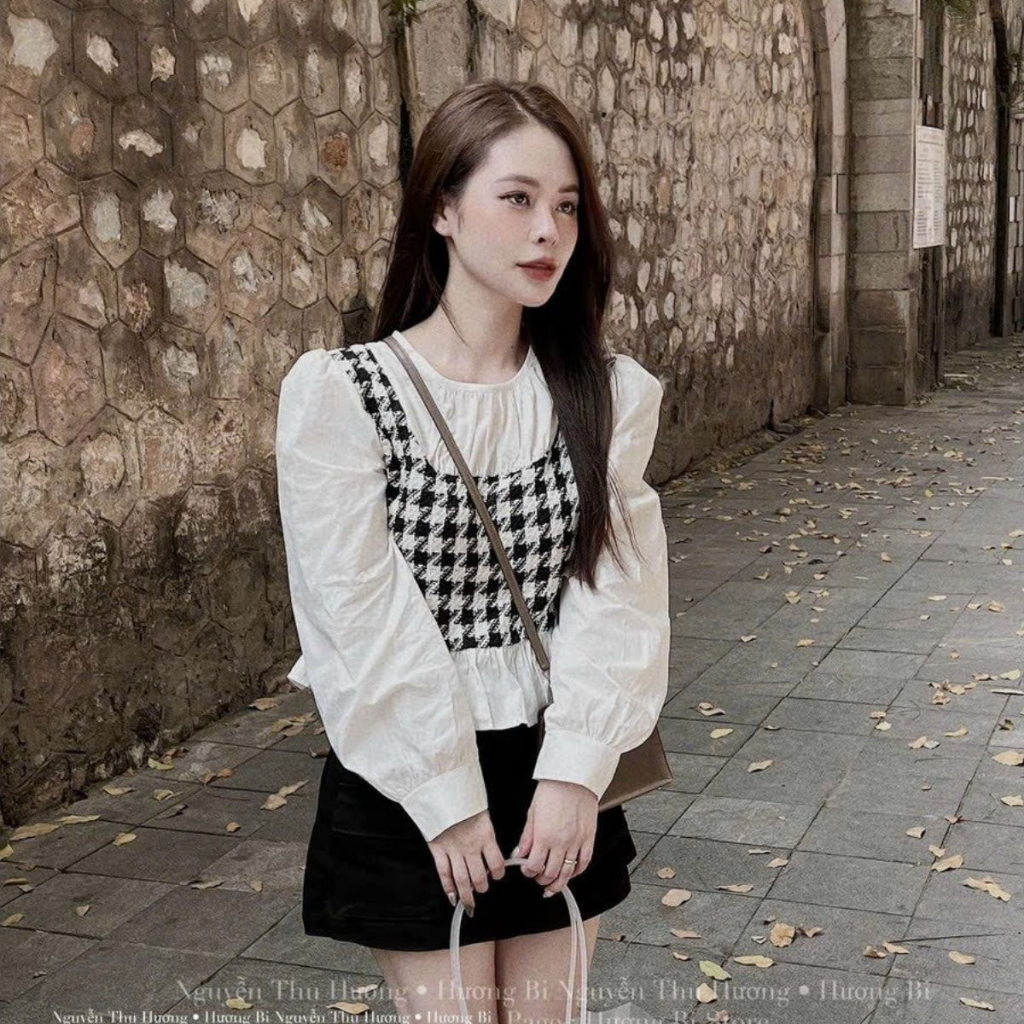Áo babydoll nữ tay dài, áo sơ mi dáng lửng pha dạ kẻ caro - AS15