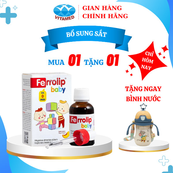 Sắt Ferrolip Baby dạng siro vị đào thơm ngon lọ 30 mL tặng bình nước