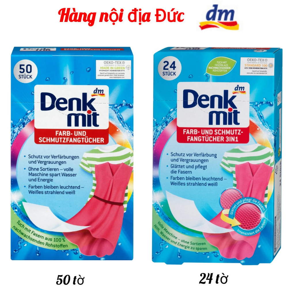 (Hàng Đức) Giấy giặt quần áo chống lem màu Denkmit hộp 24 tờ và hộp 50 tờ