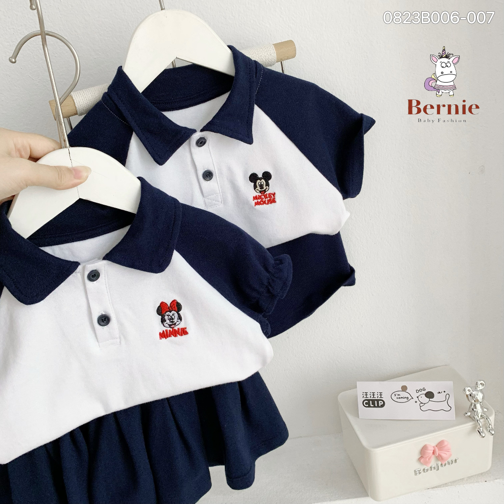 Bộ polo cá sấu thêu nổi thiết kế đôi cho bé trai bé gái, set bộ cộc tay cổ đức unisex cho bé Bernie