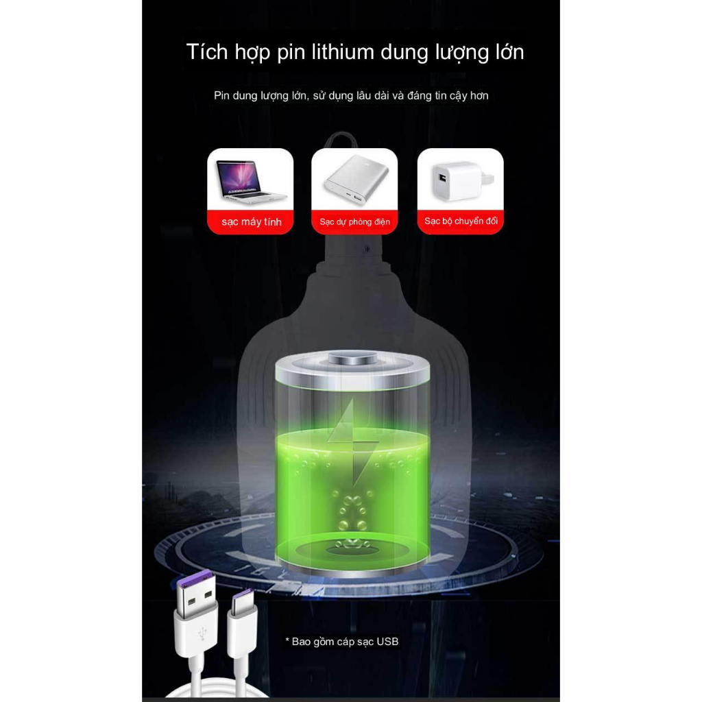 Bóng Đèn Tích Điện Chiếu Sáng Trong Nhà, Ngoài Trời Không Cần Dây 220W- TẶNG KÈM 1 MÓC TREO VÀ CÁP SẠC USB