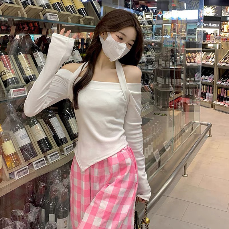 Áo Trễ Vai Dài Tay Phối Dây Yếm Quyến Rũ, Áo Kiểu Nữ Hở Vai Dáng Ôm Chất Cotton Co Dãn M094