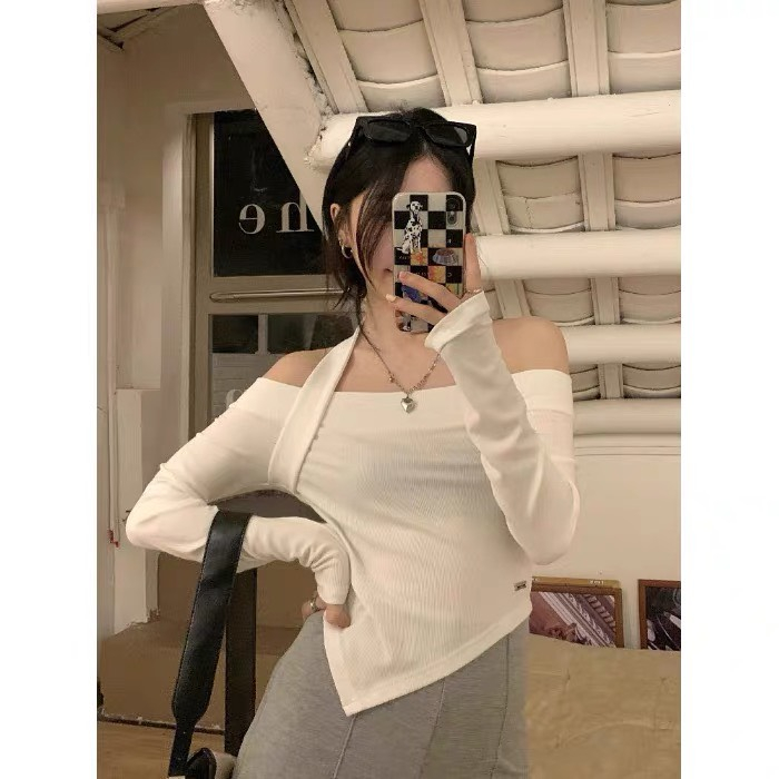 Áo Trễ Vai Dài Tay Phối Dây Yếm Quyến Rũ, Áo Kiểu Nữ Hở Vai Dáng Ôm Chất Cotton Co Dãn M094