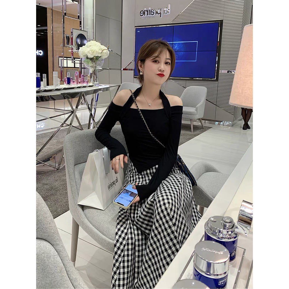 Áo Trễ Vai Dài Tay Phối Dây Yếm Quyến Rũ, Áo Kiểu Nữ Hở Vai Dáng Ôm Chất Cotton Co Dãn M094