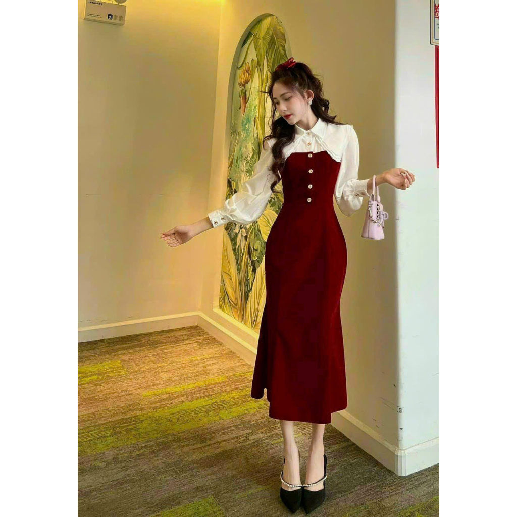 Đầm body dáng ôm phối kiểu sơ mi tay dài  đính cúc vàng chất tuyết nhung dài dặn cho nàng đi tiệc