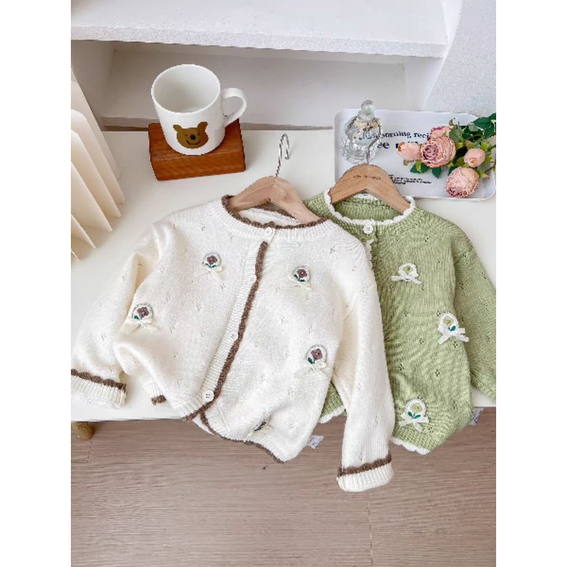 Áo khoác len cardigan đính hoa và nơ dễ thương cho bé gái 2-10 tuổi