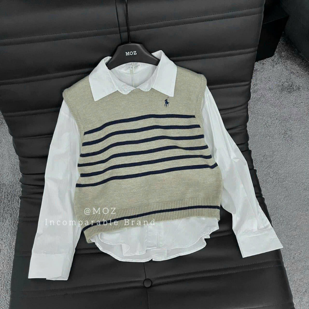 Set áo len gile kẻ ngựa kèm sơ mi hàng QCl1