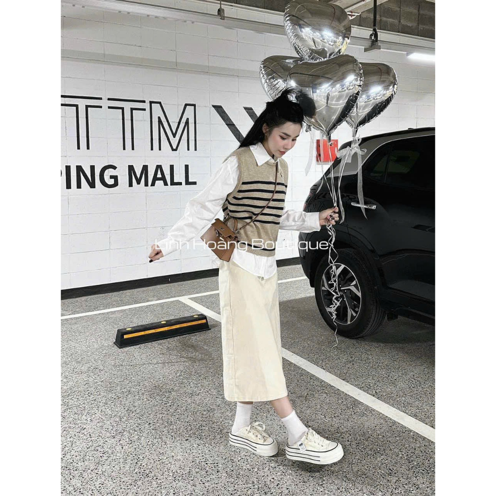 Set áo len gile kẻ ngựa kèm sơ mi hàng QCl1