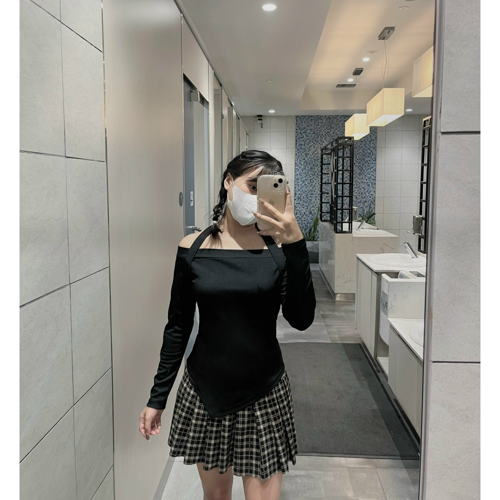 Áo Trễ Vai Dài Tay Phối Dây Yếm Quyến Rũ, Áo Kiểu Nữ Hở Vai Dáng Ôm Chất Cotton Co Dãn M094