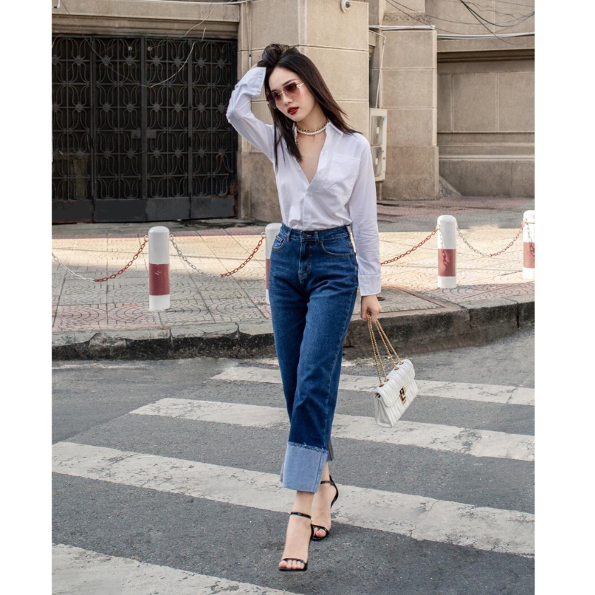 Quần jean ống rộng nữ lưng cao vải co giãn 4 chiều thoáng khí lật gấu ngược CP08, CT JEANS