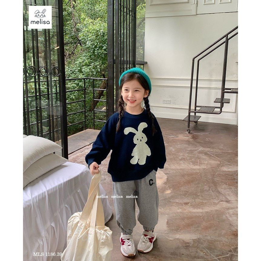 Bộ nỉ da cá Melisa hình thỏ xanh than quần xám