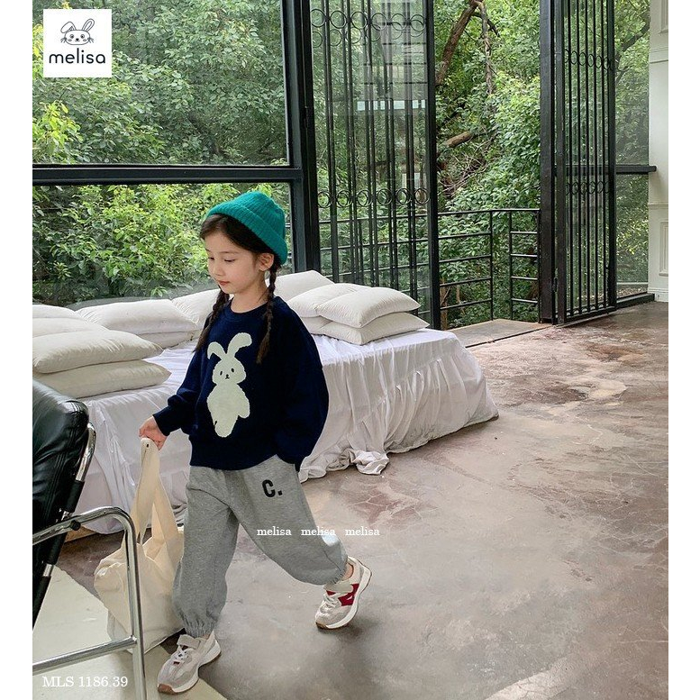 Bộ nỉ da cá Melisa hình thỏ xanh than quần xám