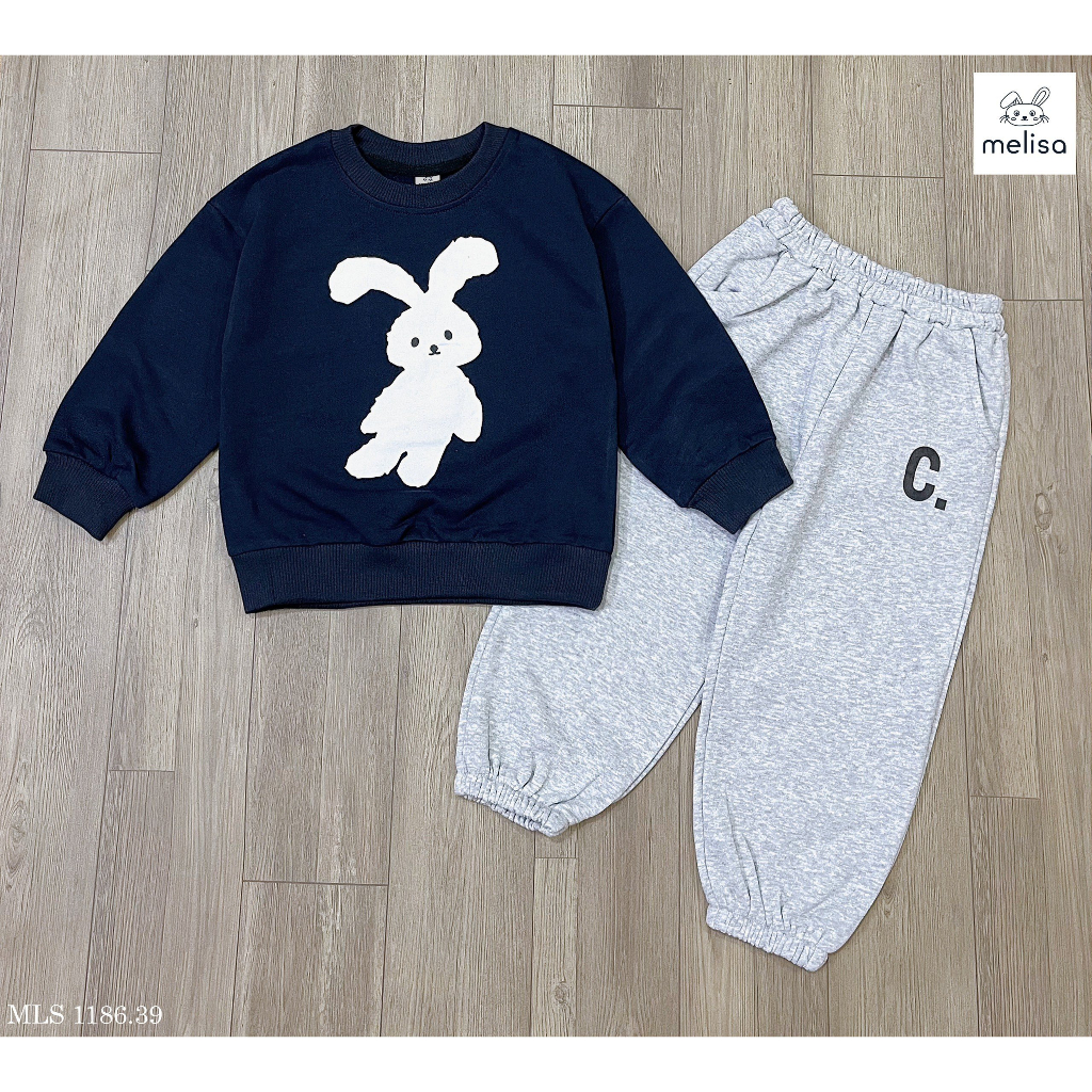 Bộ nỉ da cá Melisa hình thỏ xanh than quần xám