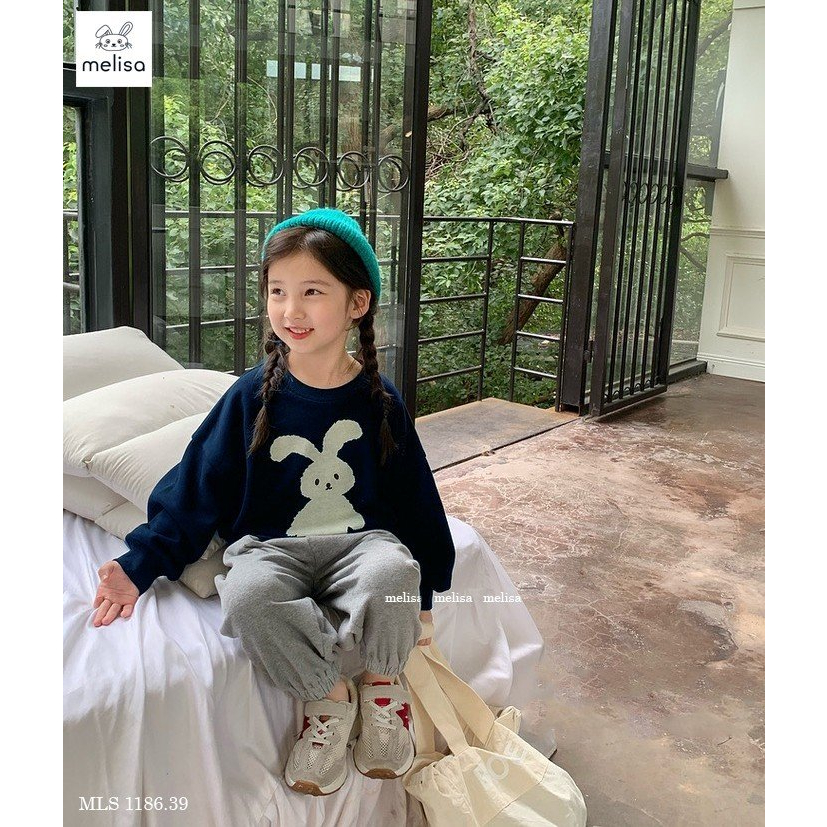 Bộ nỉ da cá Melisa hình thỏ xanh than quần xám