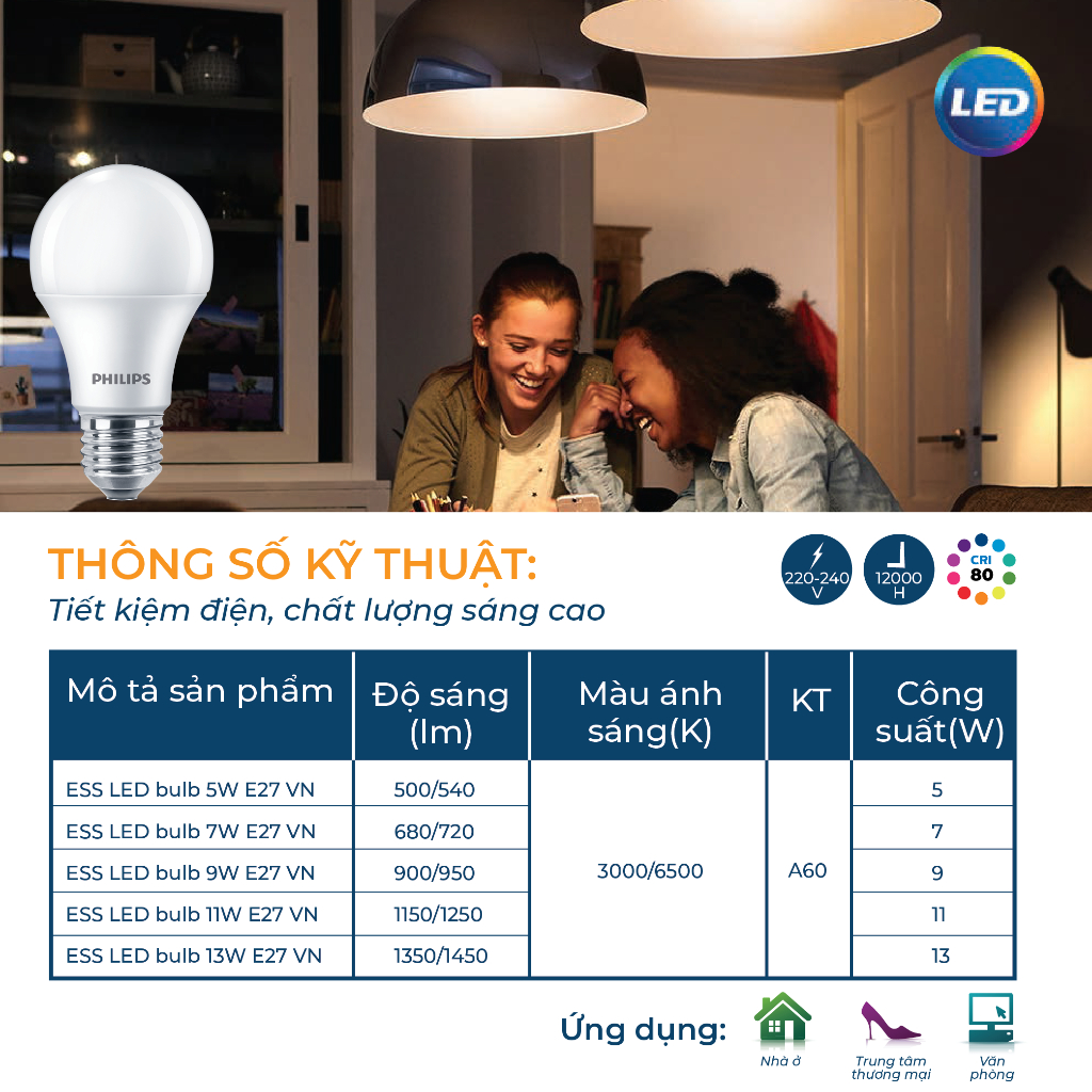 Bóng đèn Philips LED tiết kiệm điện Essential E27 5W 7W 9W 11W 13W (vàng, trắng) (01 bóng)