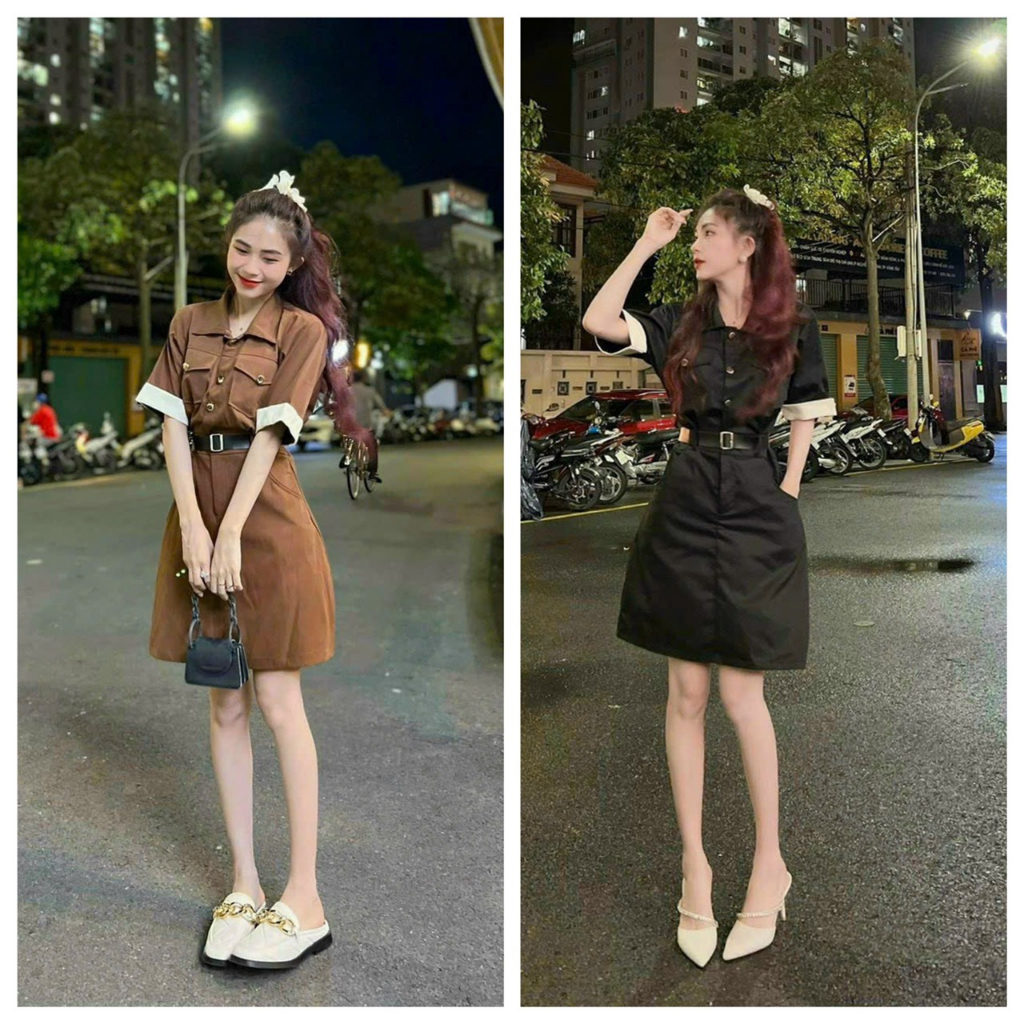 Đầm sơ mi tay ngắn có túi ngực cài nút kèm dây nịt 2 màu y hình thơi trang nữ xinh xắn thanh lịch