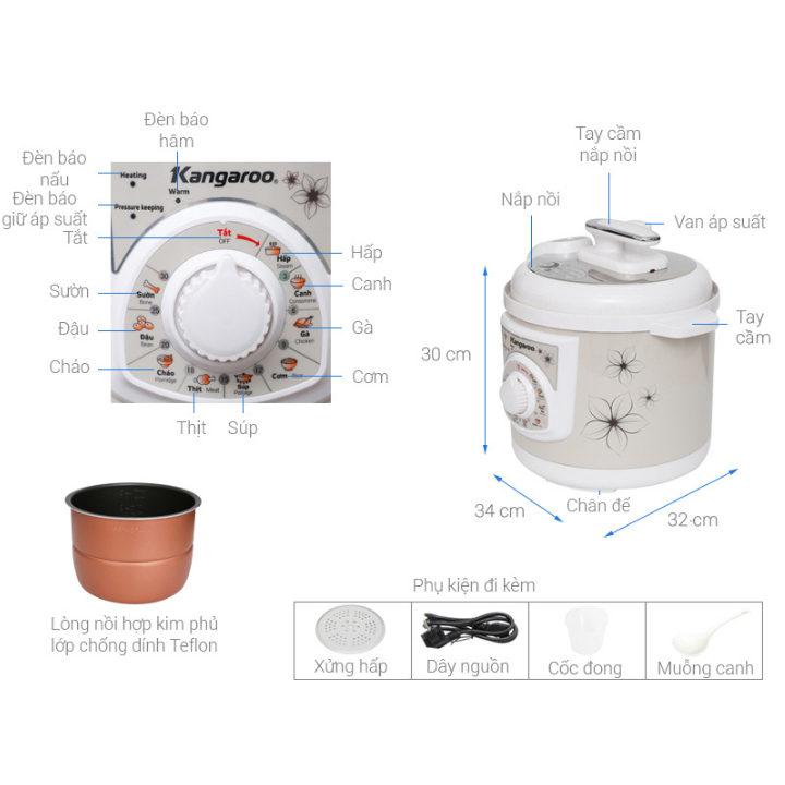 Nồi áp suất điện Kangaroo KG286 Hàng chính hãng Bảo hành 12 tháng, Nồi áp suất điện, Nồi áp suất.