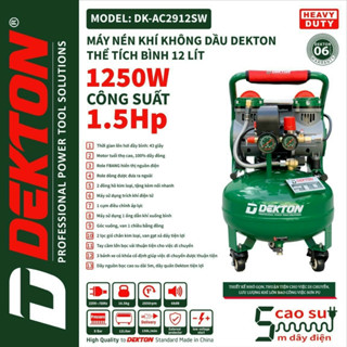 Máy Nén Khí Không Dầu Mini DEKTON DK-AC2912SW Bình 12L - Công Suất 1250W - Bánh Xe Di Chuyển Tiện Lợi - Đồng Hồ Chỉnh Áp 