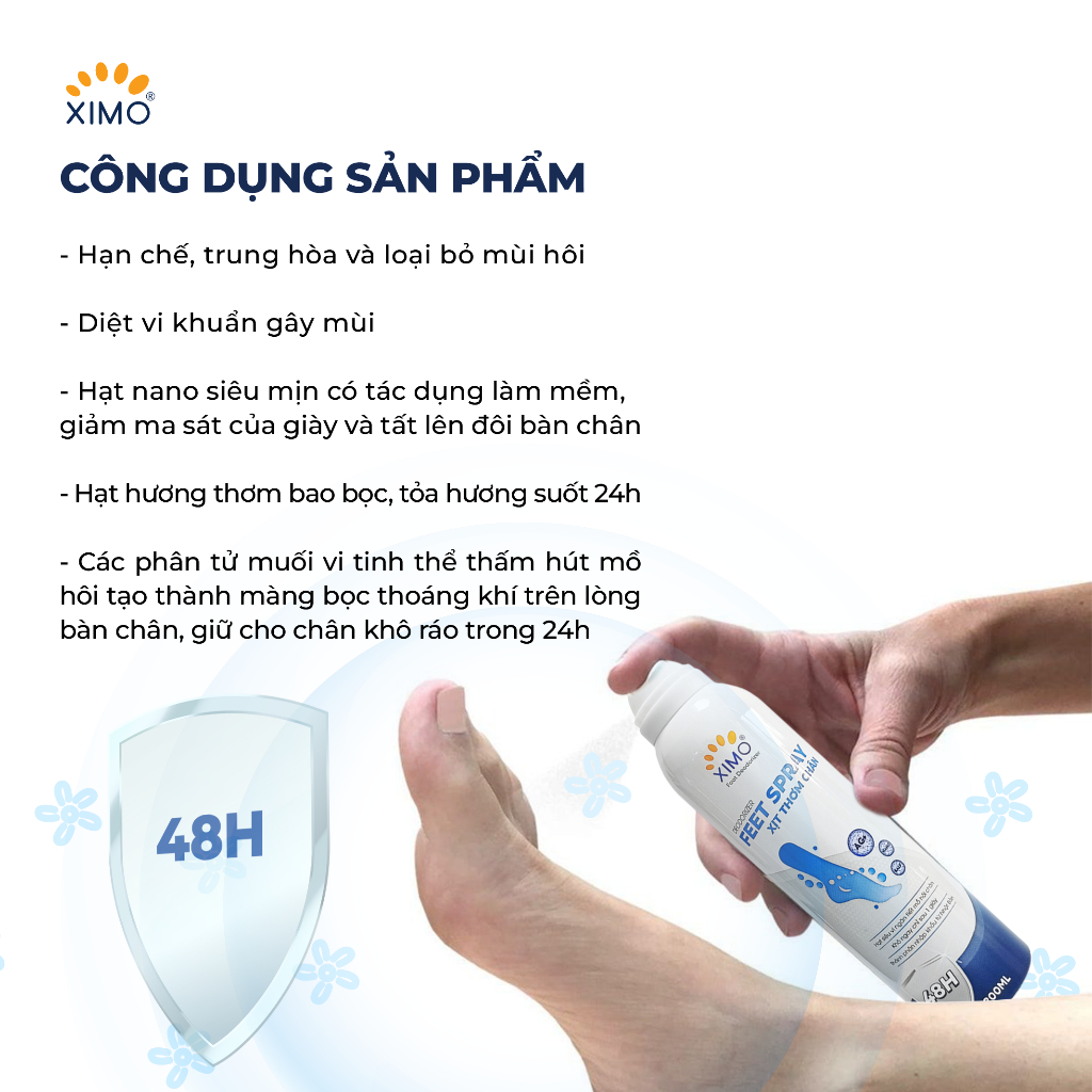 Xịt thơm chân Ximo Feet Spray 200ml giúp khử mùi hôi chân và khử mùi giày ngăn tiết mồ hôi và vi khuẩn gây mùi