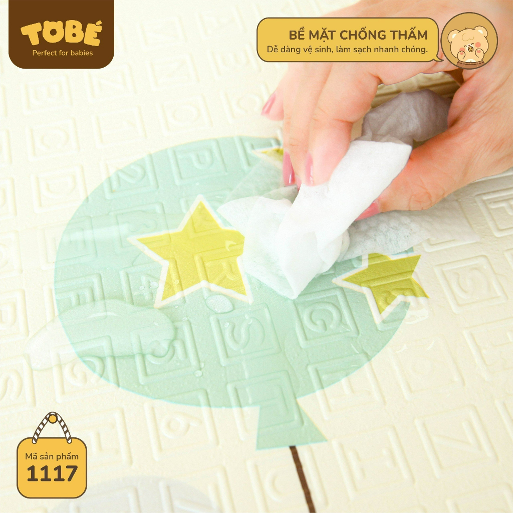 Thảm chơi gấp gọn 2 mặt TOBÉ kích thước 180x200x1.5 cm chất liệu XPE phủ Silicone xốp nhẹ chống trượt Lunakidsbaby