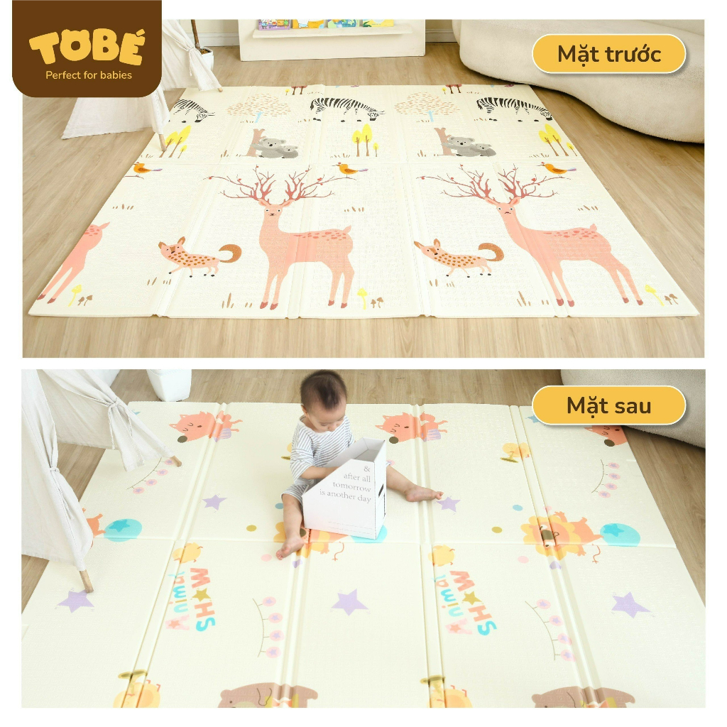Thảm chơi gấp gọn 2 mặt TOBÉ kích thước 180x200x1.5 cm chất liệu XPE phủ Silicone xốp nhẹ chống trượt Lunakidsbaby