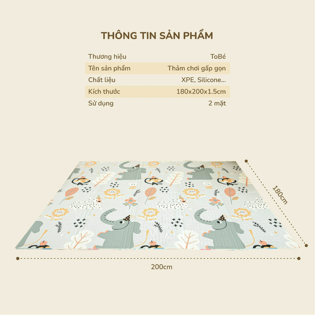 Thảm chơi gấp gọn 2 mặt TOBÉ kích thước 180x200x1.5 cm chất liệu XPE phủ Silicone xốp nhẹ chống trượt Lunakidsbaby