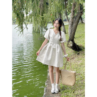 [RÁCH STORE] Đầm - cổ tim đắp - đính 2 nơ - tay phồng (58457)