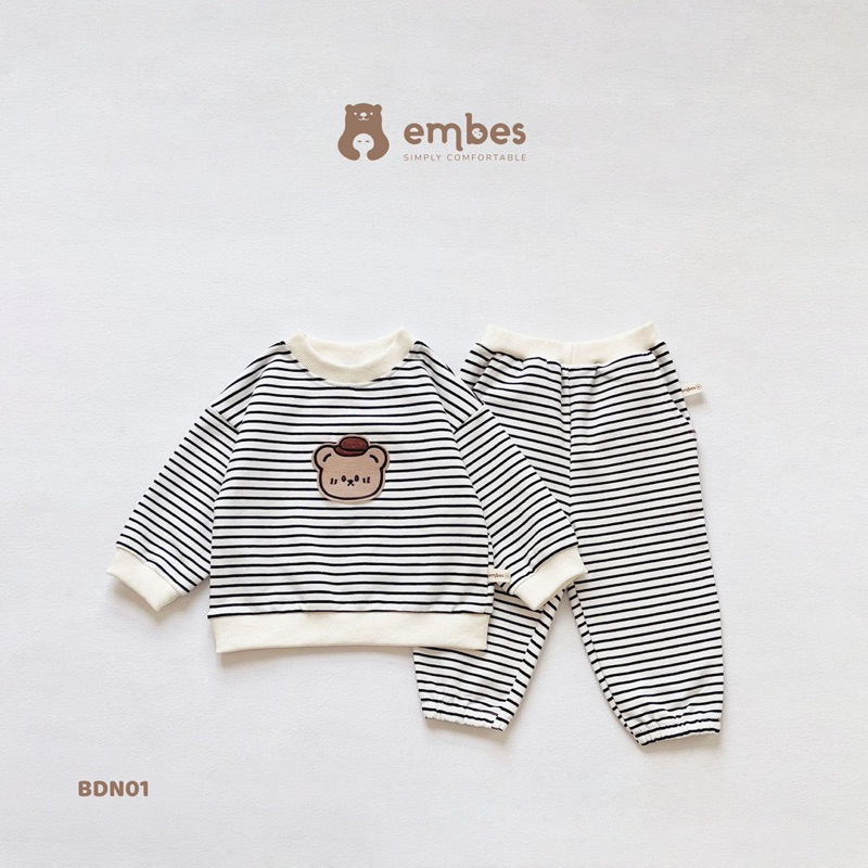 EMBES Bộ nỉ cotton dài tay hoạ tiết dễ thương cho bé trai bé gái từ 9kg tới 19kg