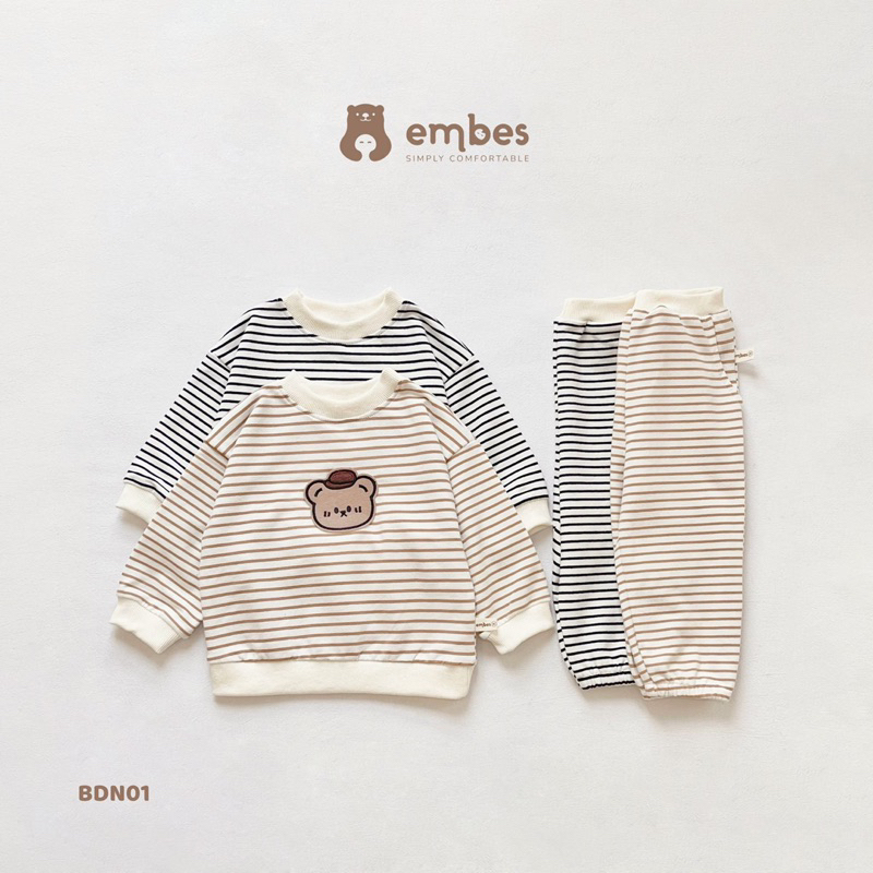 EMBES Bộ nỉ cotton dài tay hoạ tiết dễ thương cho bé trai bé gái từ 9kg tới 19kg