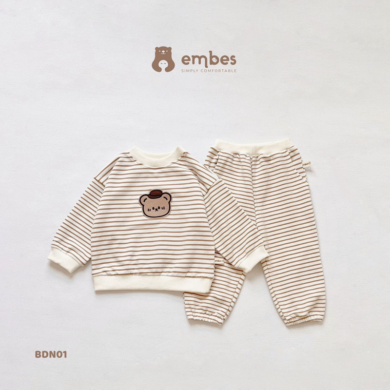 EMBES Bộ nỉ cotton dài tay hoạ tiết dễ thương cho bé trai bé gái từ 9kg tới 19kg