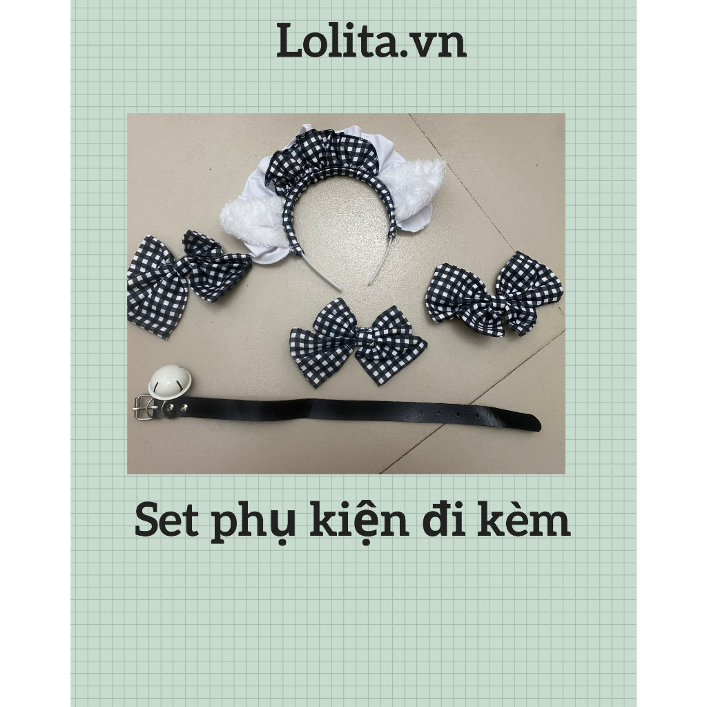 Váy maid tạp dề hình chân mèo phối bèo caro dễ thương full phụ kiện