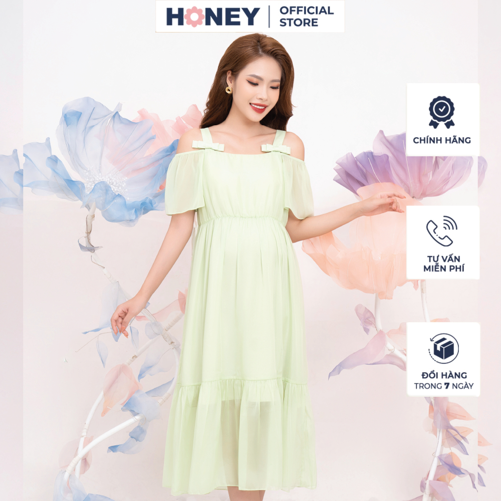 Váy đầm bầu thiết kế kiểu dáng babydoll 2 dây bản to, tay xòe - Thời trang đầm bầu cao cấp HONEY