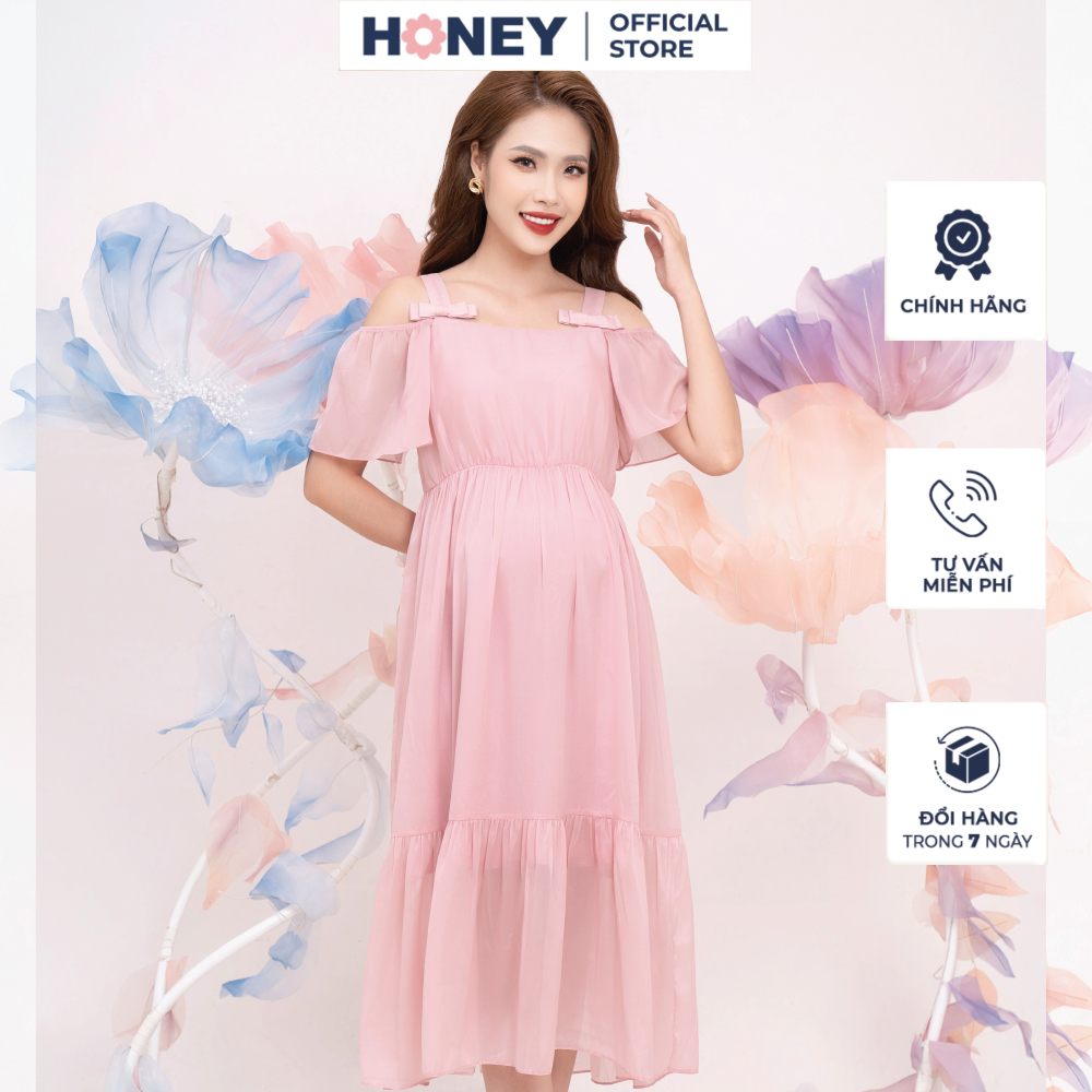 Váy đầm bầu thiết kế kiểu dáng babydoll 2 dây bản to, tay xòe - Thời trang đầm bầu cao cấp HONEY