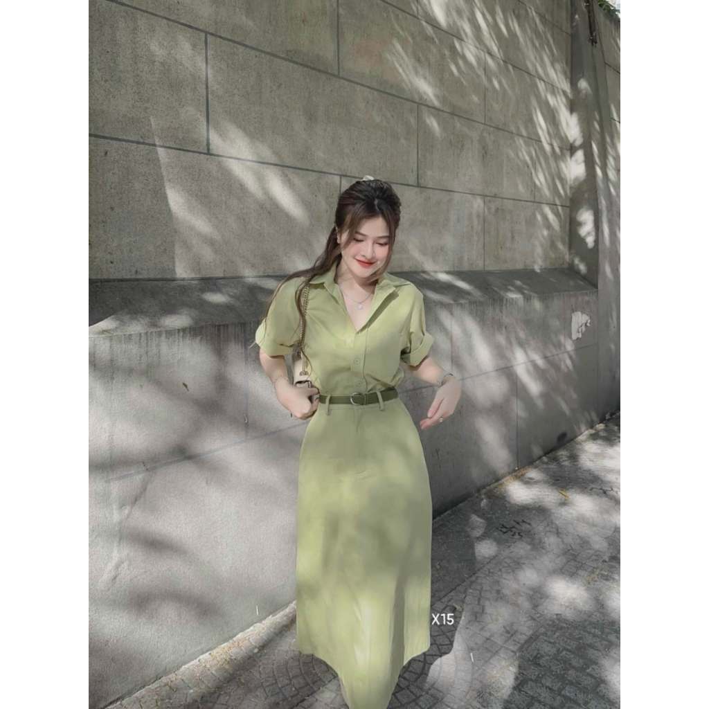 Đầm cổ vest dáng dài kèm nịt