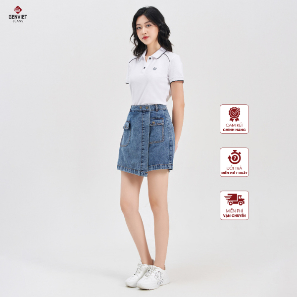 Quần short jean giả váy dáng chữ A vải demin dày dặn đơn giản cho nữ TQ428J8243, GENVIET