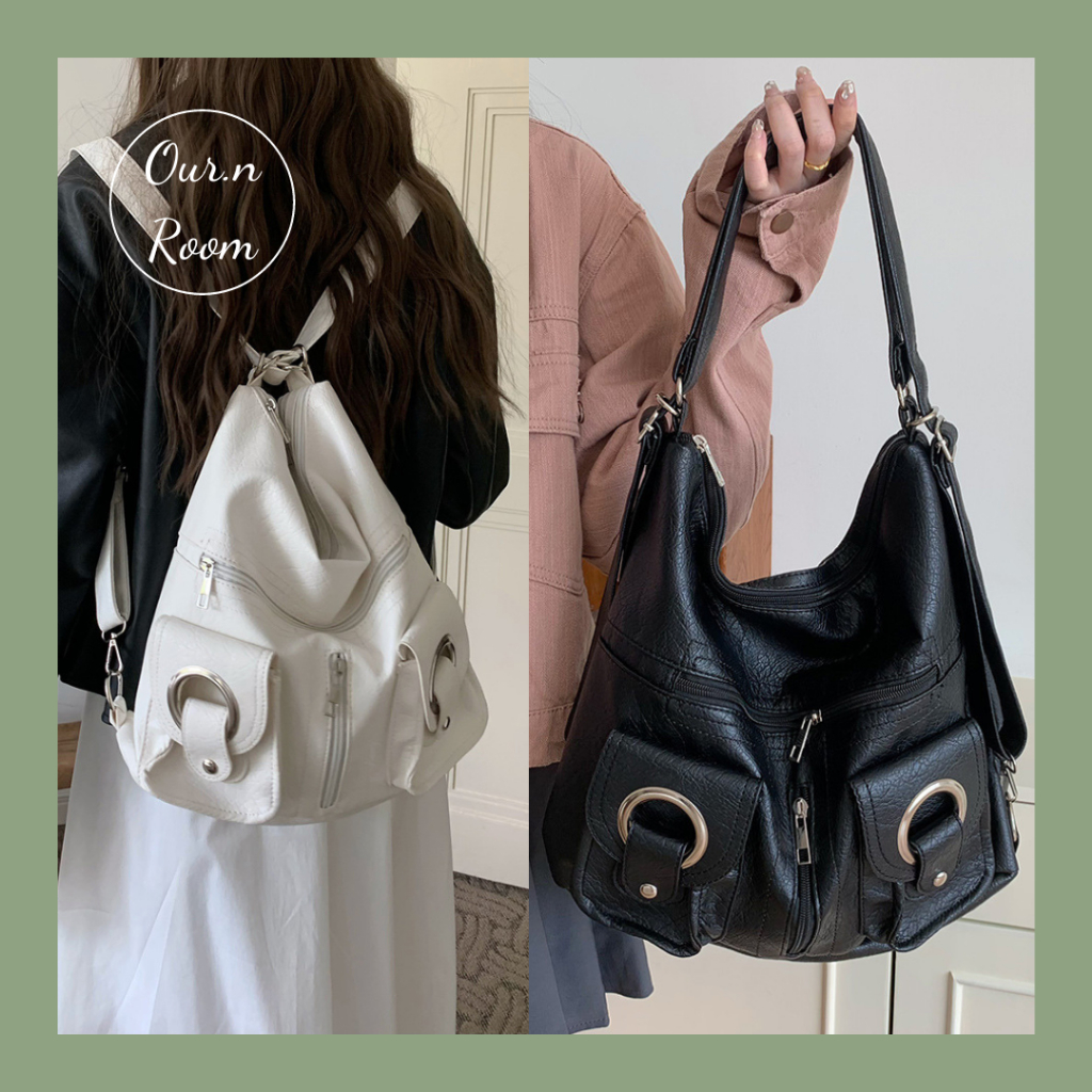 Túi tote kích thước lớn đi học đi làm ba lô da nhăn hai túi hộp cá tính phong cách Hàn Quốc 17072301