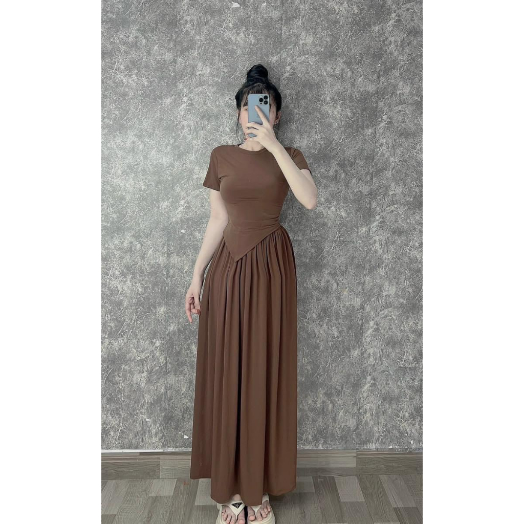 Sét đồ nữ áo bèo nhọn phối chân váy xòe xinh xắn