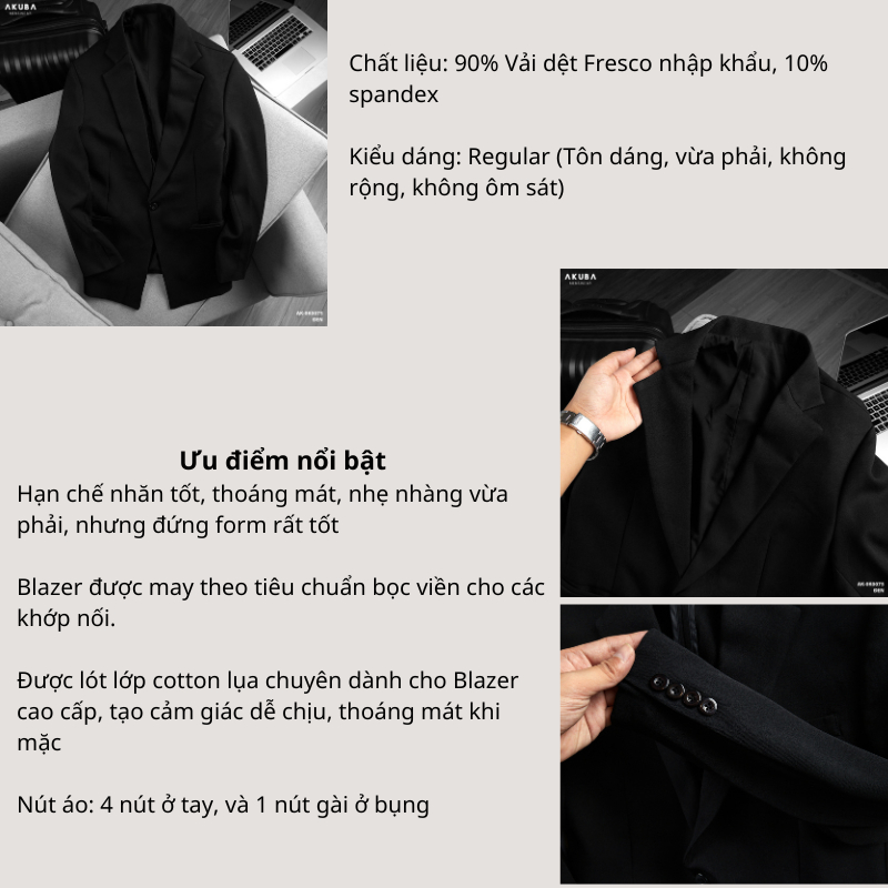 Áo khoác blazer nam AKUBA form regular, ít nhăn, đứng form, áo vest nam phong cách Hàn Quốc 01K0075