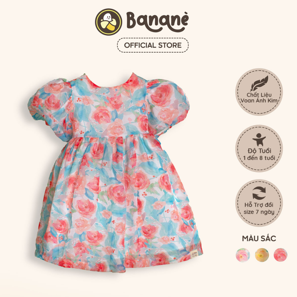 Đầm công chúa hoa Bananè Kids váy bé gái tay bồng vải voan ánh kim siêu mềm mát - D06D