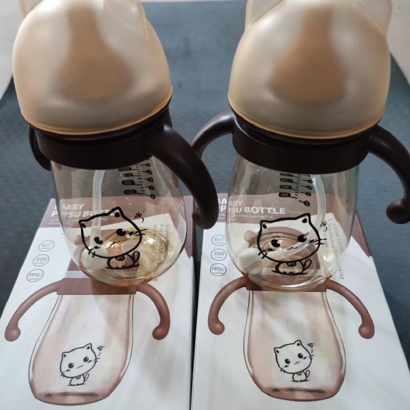 Bình sữa Mèo Kitty PPSU 330ml có van chống sặc và tay cầm