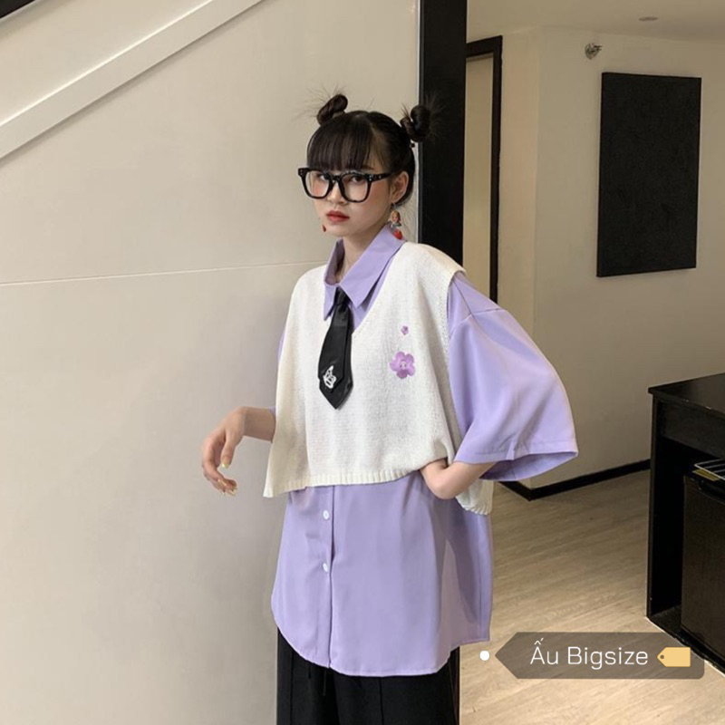 Áo sơ mi tím phối cavat cá tính Super Bigsize đến 150kg