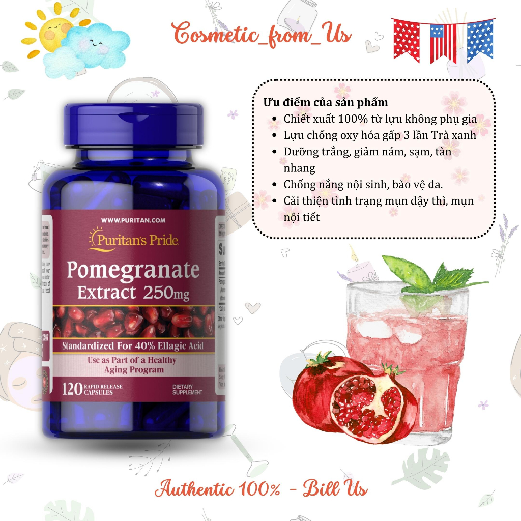 Viên Uống Lựu Chống Nắng Nội Sinh, Trắng Da, Giảm Nám Puritan's Pride Pomegranate Extract 250mg 120 viên