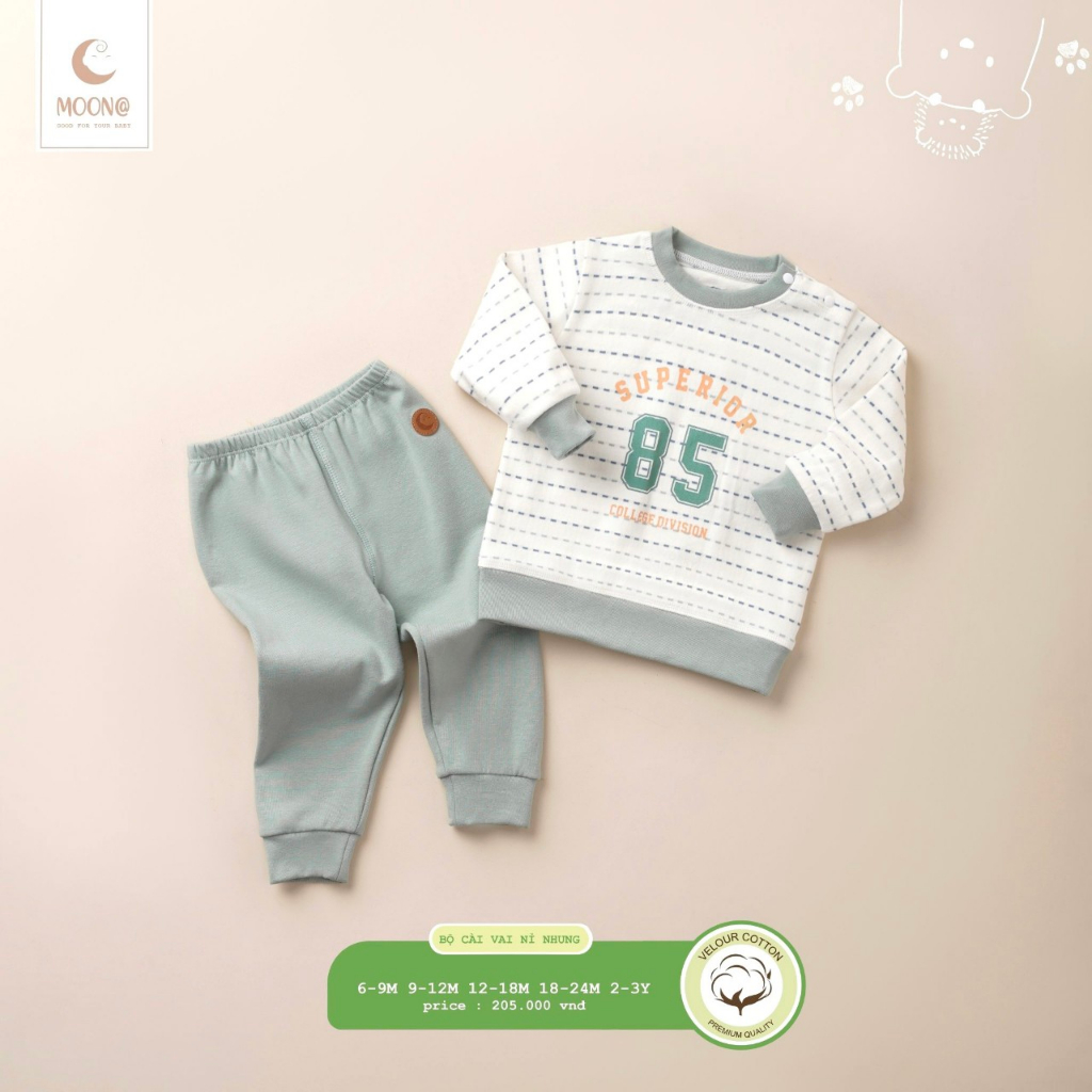 Bộ dài tay trẻ em nỉ nhung cài vai họa tiết nét đứt Superior 85/ đáng yêu Moon