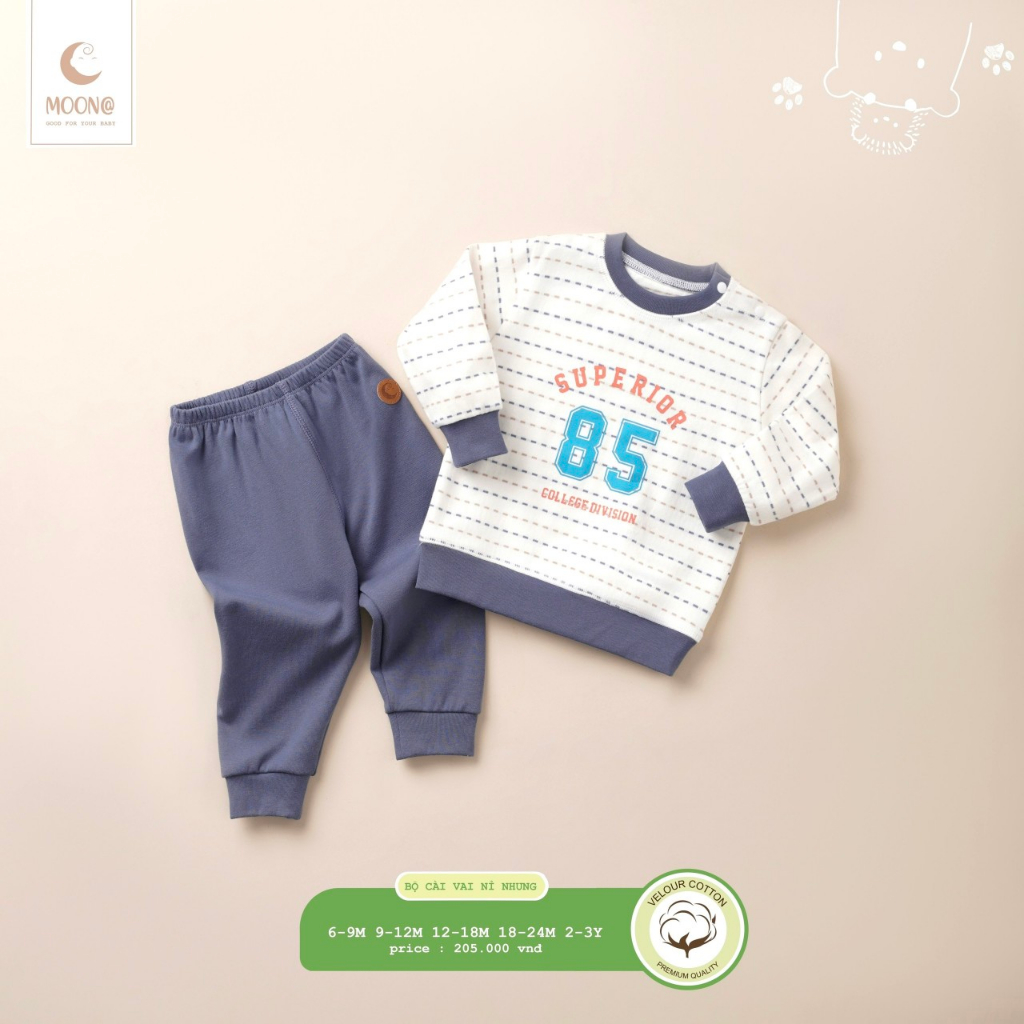 Bộ dài tay trẻ em nỉ nhung cài vai họa tiết nét đứt Superior 85/ đáng yêu Moon