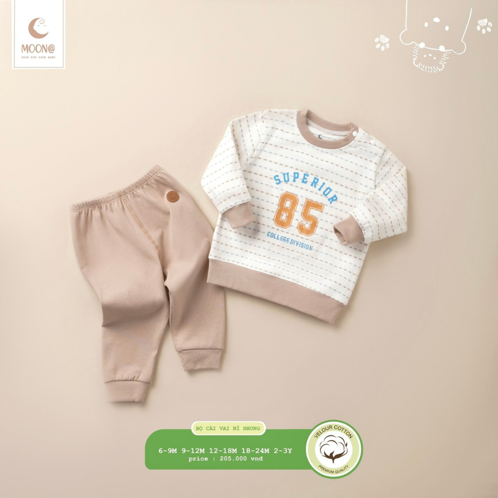 Bộ dài tay trẻ em nỉ nhung cài vai họa tiết nét đứt Superior 85/ đáng yêu Moon